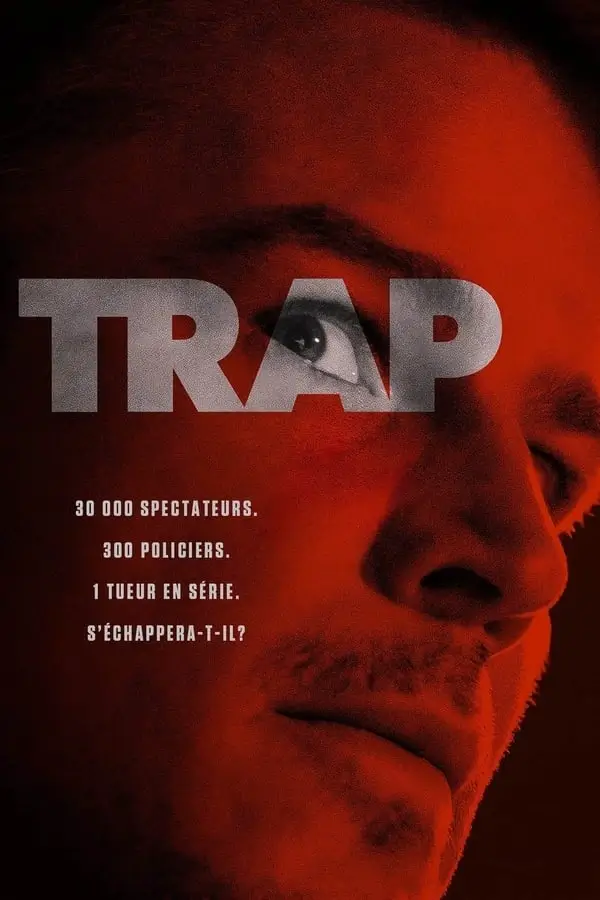 Poster van de film Trap met een intense close-up van de hoofdrolspeler, te zien op IPTV Nederland